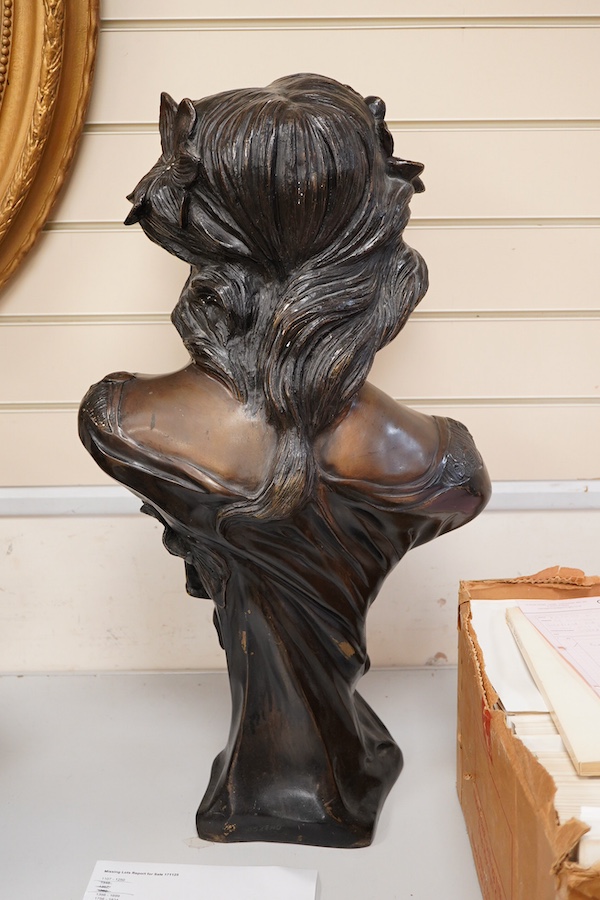 After Moreau, 20th century bronzed patinated bust of a girl, 70cm high